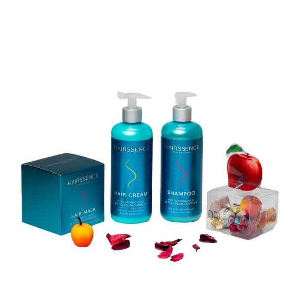 מארז שי/כרטיס מתנה - מארז חגיגי HAIRSSENCE חומצה היאלורונית וקולגן שמפו+ מסכה+ קרם לשיער יבש, פגום וצבוע היירסנס מאת היירסנס Hairssence | | אידיאלית ל- הגנה מהשמש היירסנס מסכה לשיער קרם קרם לחות לשיער שמפו לשיער | מושלמת ל- {{ product_use_case }}
