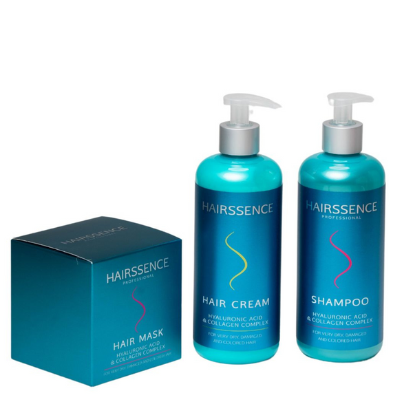 מארז שי/כרטיס מתנה - מארז חגיגי HAIRSSENCE חומצה היאלורונית וקולגן שמפו+ מסכה+ קרם לשיער יבש, פגום וצבוע היירסנס מאת היירסנס Hairssence | | אידיאלית ל- הגנה מהשמש היירסנס מסכה לשיער קרם קרם לחות לשיער שמפו לשיער | מושלמת ל- {{ product_use_case }}