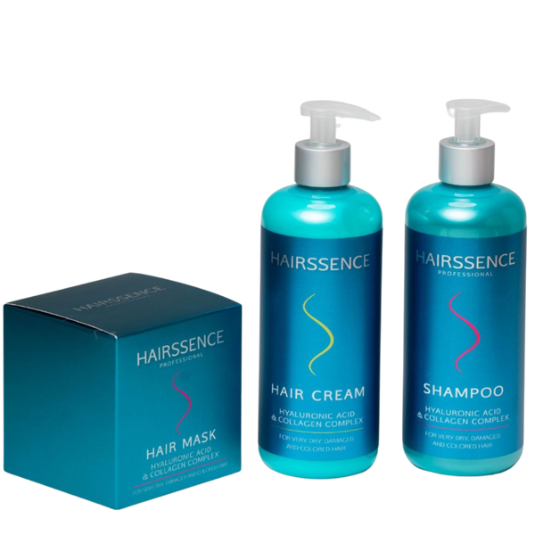 מארז שי - מארז חגיגי HAIRSSENCE חומצה היאלורונית וקולגן שמפו+ מסכה+ קרם לשיער יבש, פגום וצבוע היירסנס מאת היירסנס Hairssence | | אידיאלית ל- הגנה מהשמש היירסנס מסכה לשיער קרם קרם לחות לשיער שמפו לשיער | מושלמת ל- {{ product_use_case }}