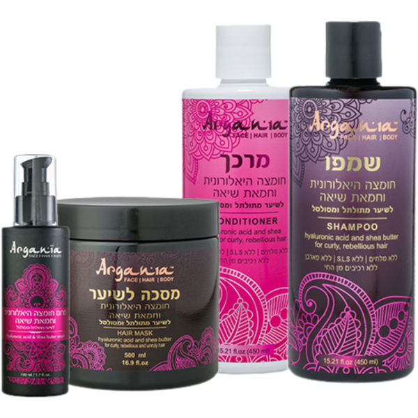 מארז שי/כרטיס מתנה - מארז לשיער חומצה היאלורונית וחמאת שיאה לשיער מתולתל שמפו+ מרכך+ מסכה+ סרום ארגניה ARGANIA מאת ארגניה ARGANIA | | אידיאלית ל- ארגניה מארזי שי | מושלמת ל- {{ product_use_case }}