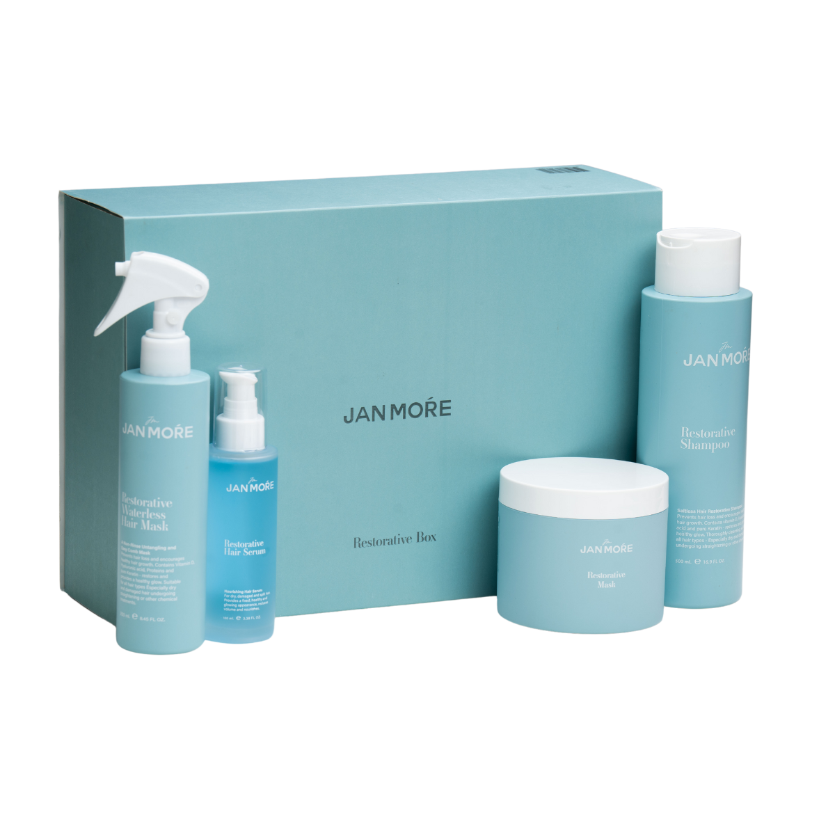 מארז שי - מארז RESTORATIVE Premium שמפו, מסכה, סרום ומסכה ללא שטיפה JAN MORE מאת ז׳אן מור JAN MOŔE | | אידיאלית ל- ז׳אן מור מארזי שי שיקום שיער | מושלמת ל- {{ product_use_case }}