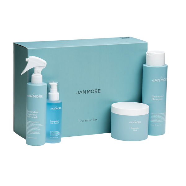מארז שי - מארז RESTORATIVE Premium שמפו, מסכה, סרום ומסכה ללא שטיפה JAN MORE מאת ז׳אן מור JAN MOŔE | | אידיאלית ל- ז׳אן מור מארזי שי שיקום שיער | מושלמת ל- {{ product_use_case }}