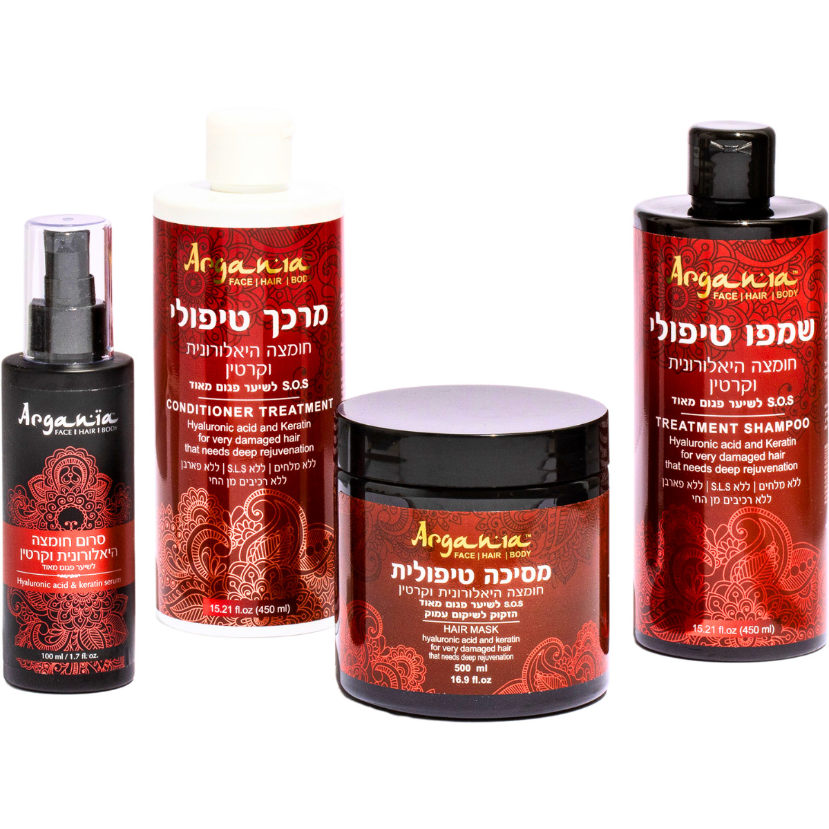מארז שי/כרטיס מתנה - מארז ARGANIA חומצה היאלורונית וקרטין שמפו, מרכך, מסכה וסרום לשיער פגום מאוד ארגניה מאת ארגניה ARGANIA | | אידיאלית ל- ארגניה מארזי שי | מושלמת ל- {{ product_use_case }}