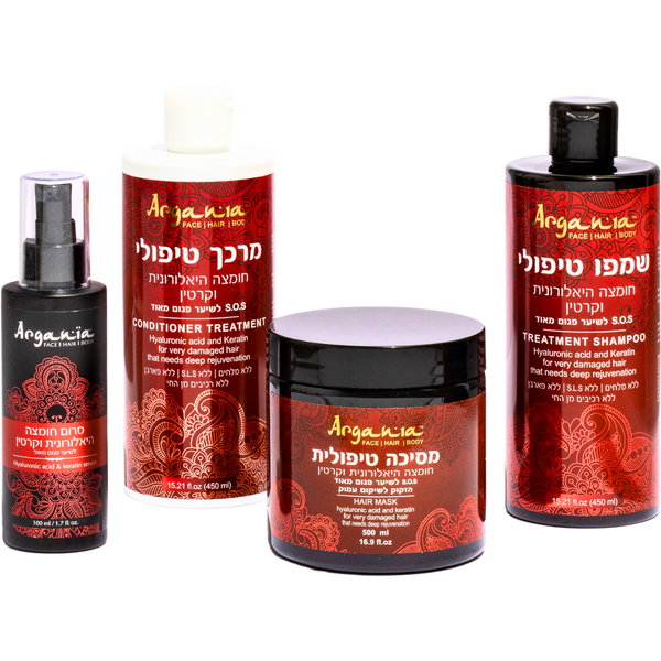 מארז שי/כרטיס מתנה - מארז ARGANIA חומצה היאלורונית וקרטין שמפו, מרכך, מסכה וסרום לשיער פגום מאוד ארגניה מאת ארגניה ARGANIA | | אידיאלית ל- ארגניה מארזי שי | מושלמת ל- {{ product_use_case }}